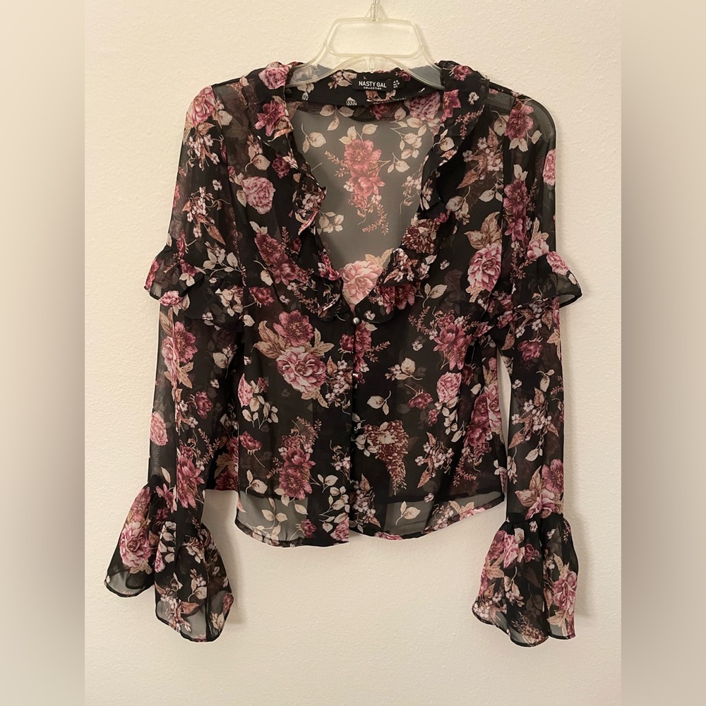 Sheer long sleeve button down floral print blouse